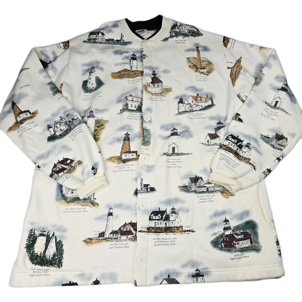 VTG Art Unlimited Sportswear Jacket Mens Xl Lighthouse Nautical USA 90s Cardigan